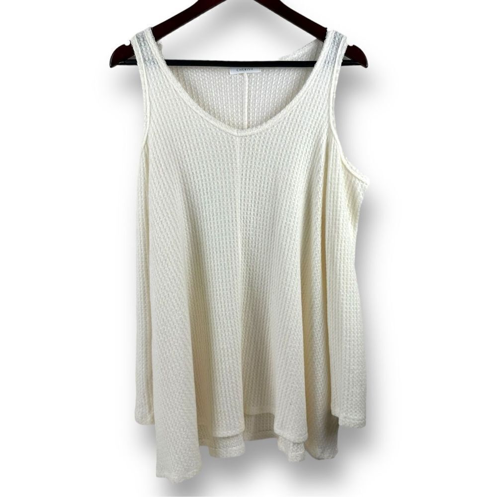 Cherish Women's Size M Cold Shoulder Henley Sweater Cream White Waffle Knit